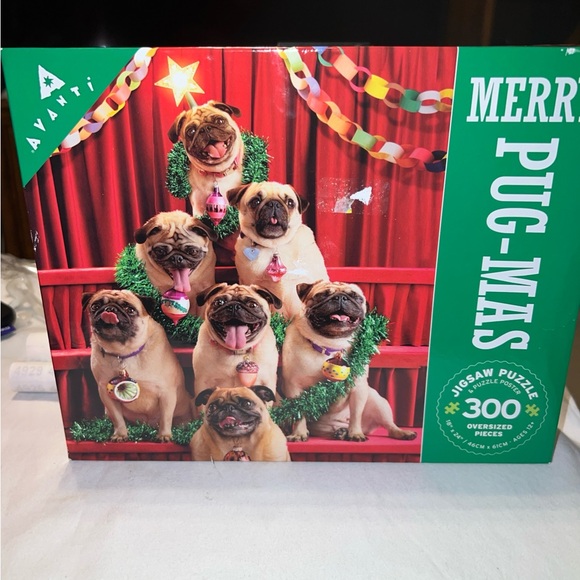 Merry Pug-Mas Christmas Holiday 300 Oversized Piece Jigsaw Puzzle Pug Dogs Ceaco - Picture 2 of 16